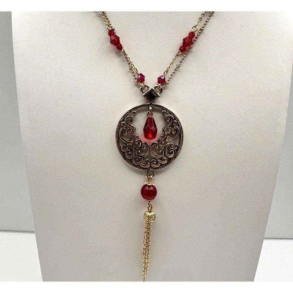 Vintage Y2K Cookie Lee Red Stone‎ Necklace Gold Tone Filigree Tassel Statement